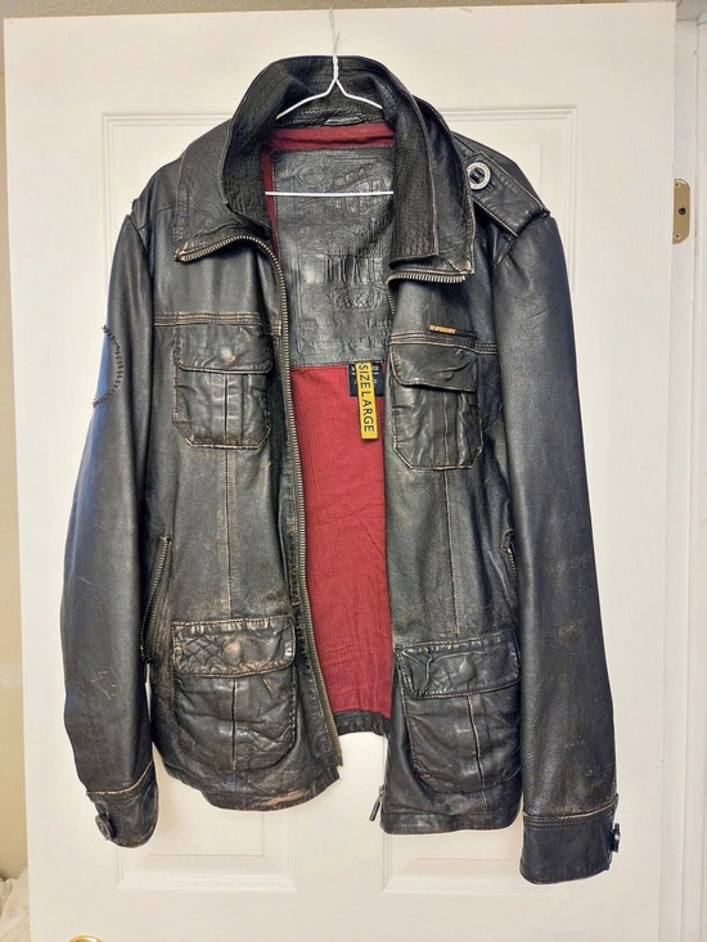 Vintage Distressed Superdry Icon Brad Leather Jacket Black & Red Large